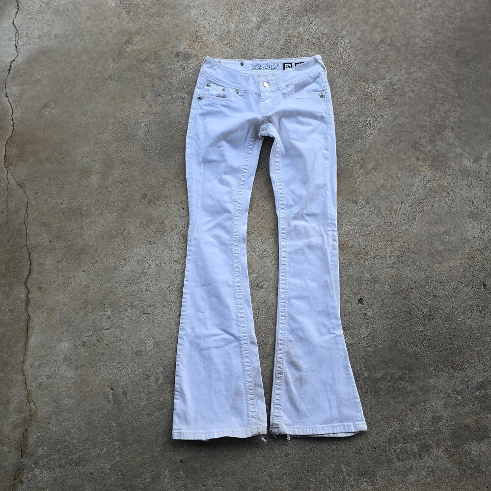 y2k miss me flap pocket white flare Low-Rise jeans bling 25 Flawed - Picture 1 of 9